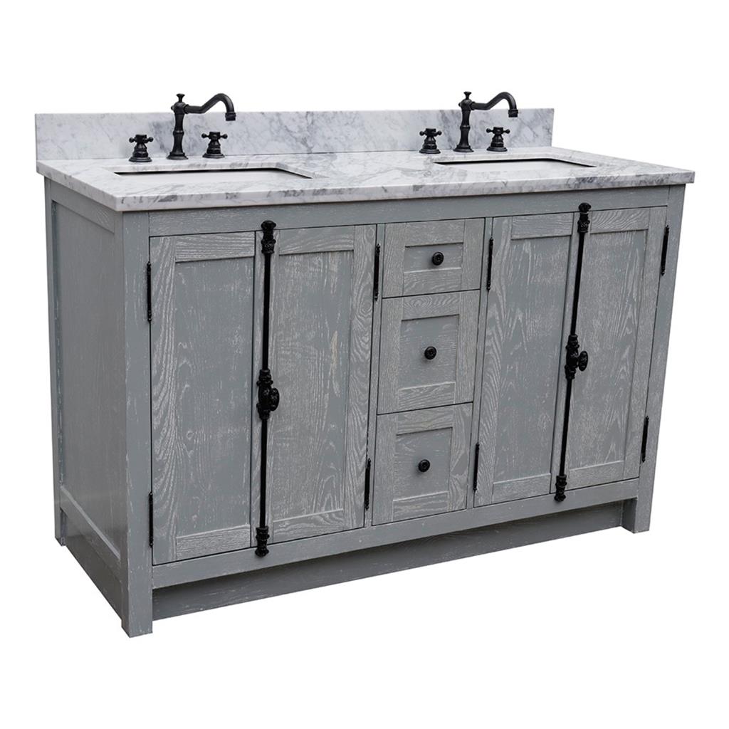 Bellaterra Plantation 55" Double Vanity, Gray Ash, White Carrara Marble Top/Rectangle Sink