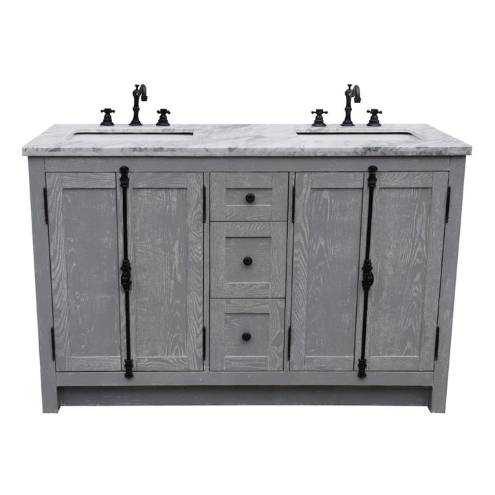 Bellaterra Plantation 55" Double Vanity, Gray Ash, White Carrara Marble Top/Rectangle Sink