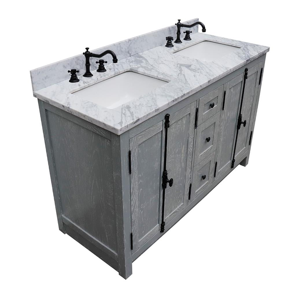 Bellaterra Plantation 55" Double Vanity, Gray Ash, White Carrara Marble Top/Rectangle Sink