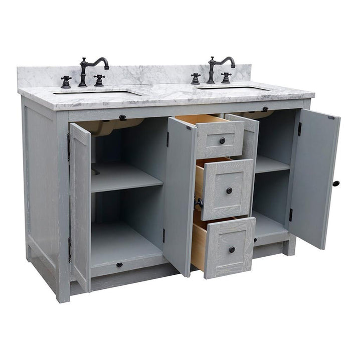 Bellaterra Plantation 55" Double Vanity, Gray Ash, White Carrara Marble Top/Rectangle Sink