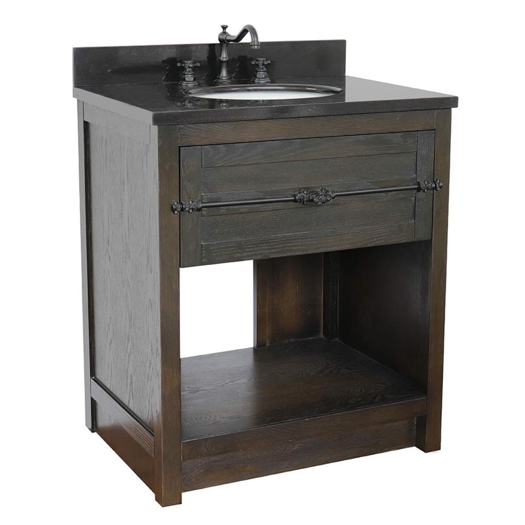 Bellaterra Plantation 31" Single Vanity, Brown Ash, Black Galaxy Granite Top/Oval Sink