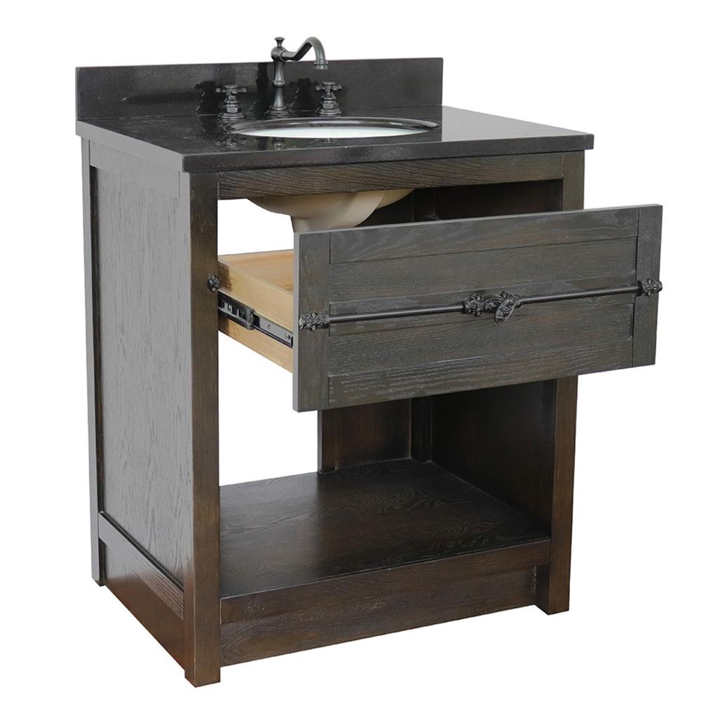 Bellaterra Plantation 31" Single Vanity, Brown Ash, Black Galaxy Granite Top/Oval Sink