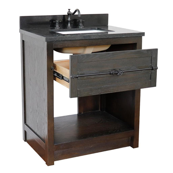 Bellaterra Plantation 31" Single Vanity, Brown Ash, Black Galaxy Granite Top/Rectangle Sink