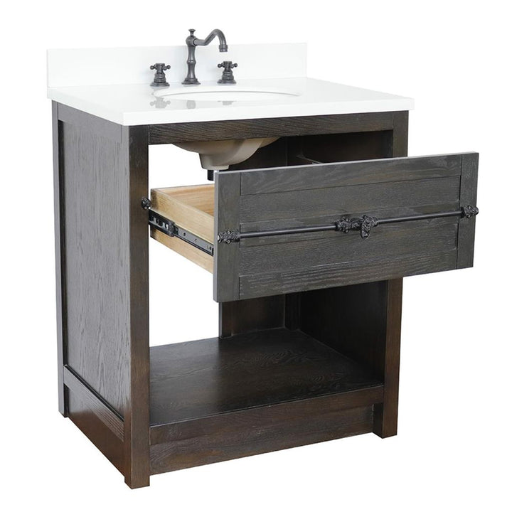 Bellaterra Plantation 31" Single Vanity, Brown Ash, White Quartz Top/Oval Sink