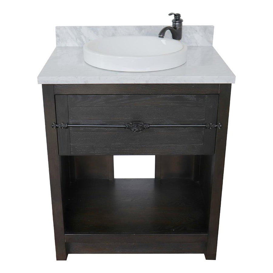 Bellaterra Plantation 31" Single Vanity, Brown Ash, White Carrara Top/Round Sink