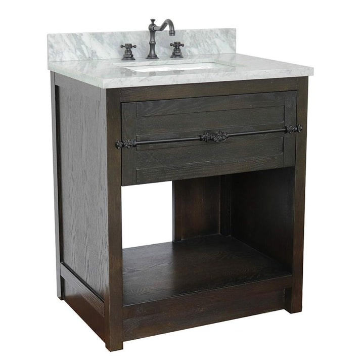 Bellaterra Plantation 31" Single Vanity, Brown Ash, White Carrara Top/Rectangle Sink