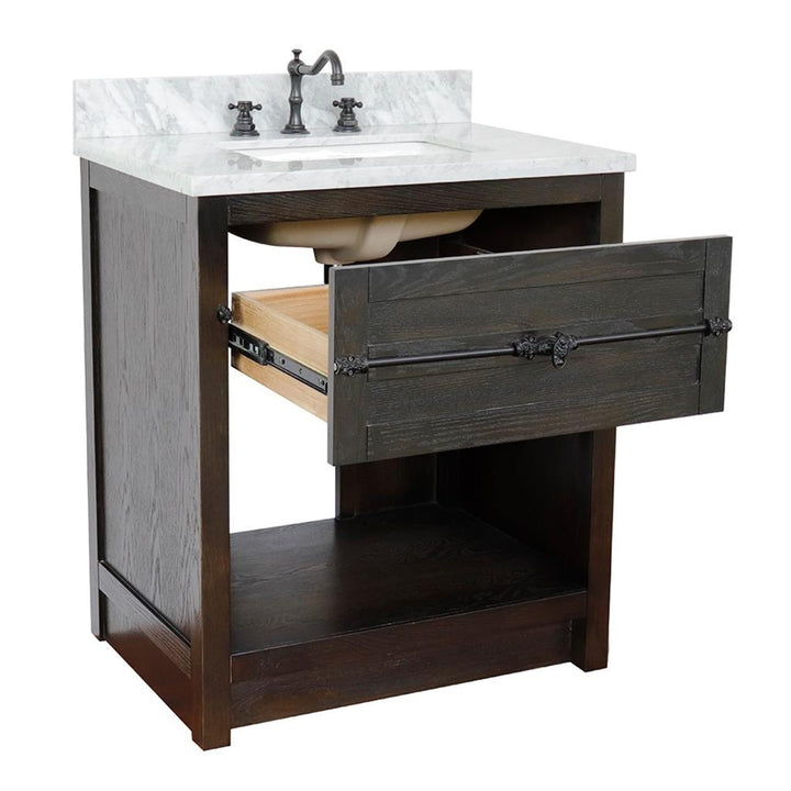 Bellaterra Plantation 31" Single Vanity, Brown Ash, White Carrara Top/Rectangle Sink