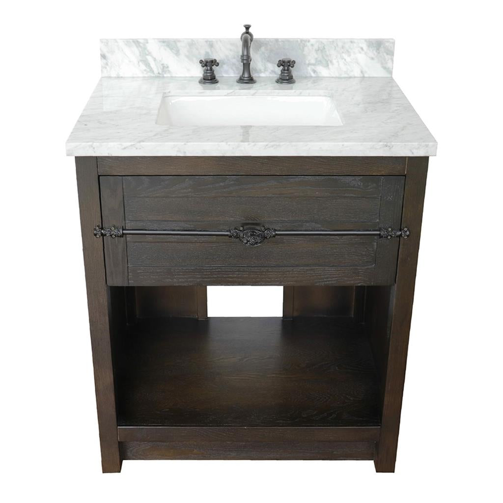 Bellaterra Plantation 31" Single Vanity, Brown Ash, White Carrara Top/Rectangle Sink