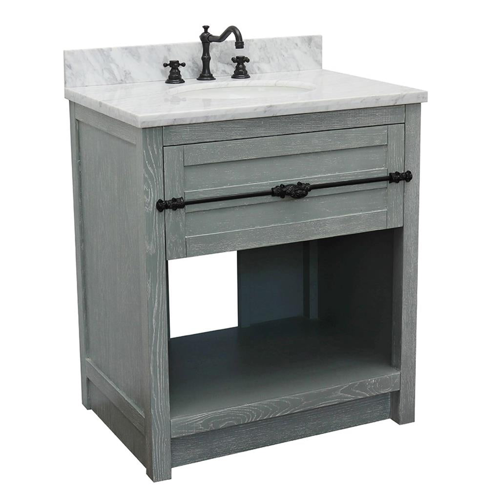 Bellaterra Plantation 31" Single Vanity, Gray Ash, White Carrara Top/Oval Sink