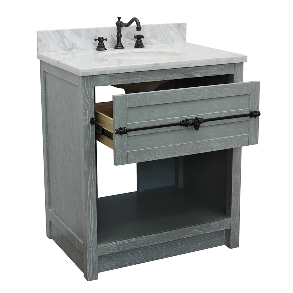 Bellaterra Plantation 31" Single Vanity, Gray Ash, White Carrara Top/Oval Sink