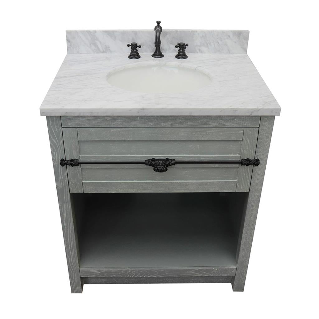 Bellaterra Plantation 31" Single Vanity, Gray Ash, White Carrara Top/Oval Sink