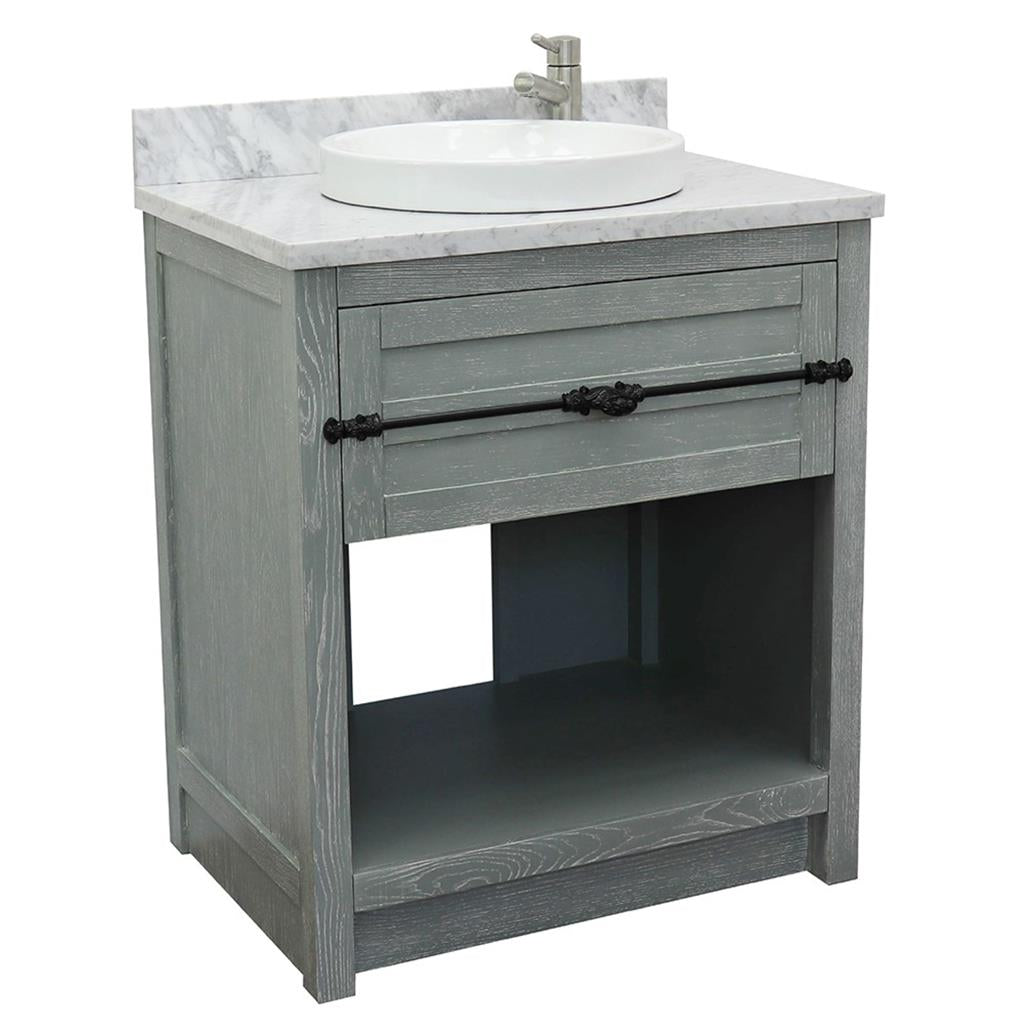 Bellaterra Plantation 31" Single Vanity, Gray Ash, White Carrara Top/Round Sink