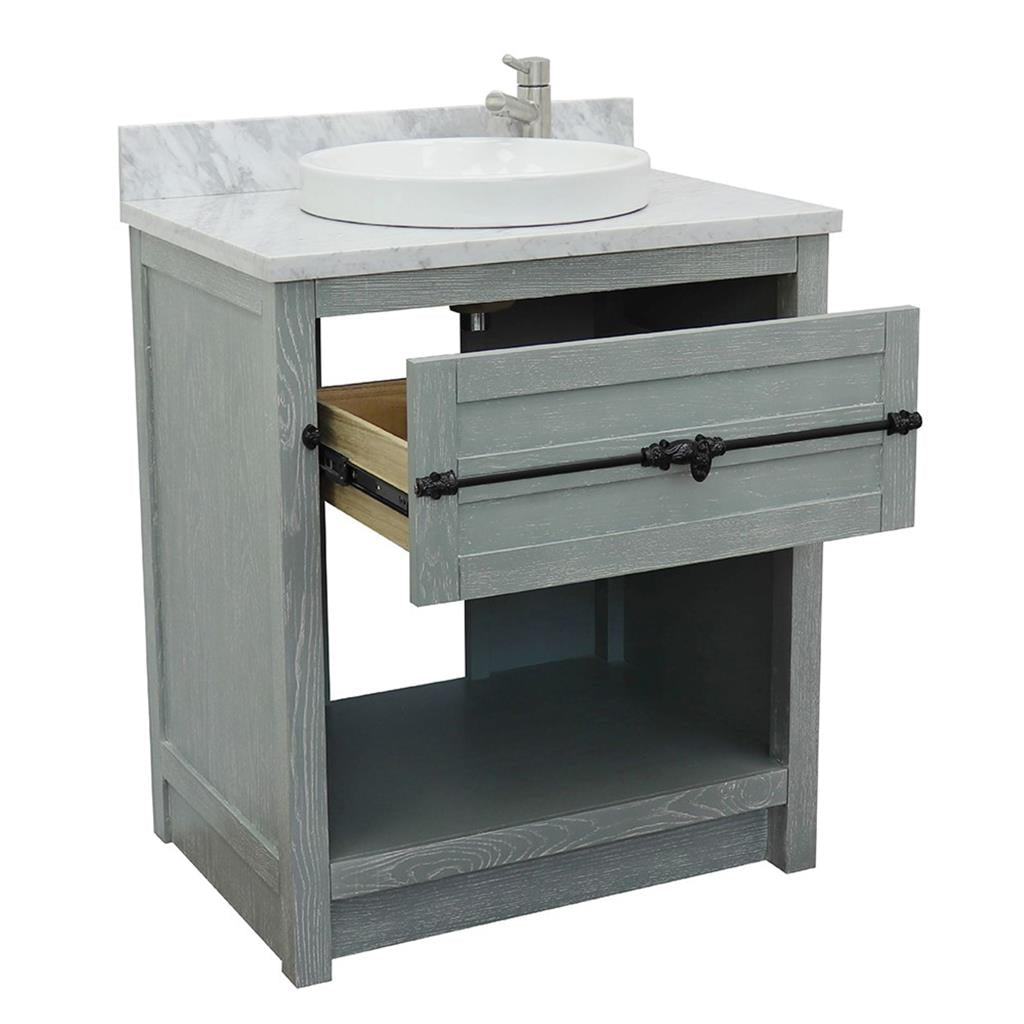 Bellaterra Plantation 31" Single Vanity, Gray Ash, White Carrara Top/Round Sink