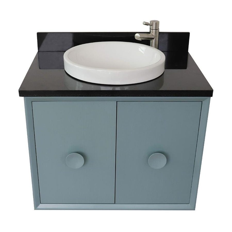 Bellaterra Stora 31" Single Wall Mount Vanity, Aqua Blue, Black Galaxy Granite Top/Round Sink