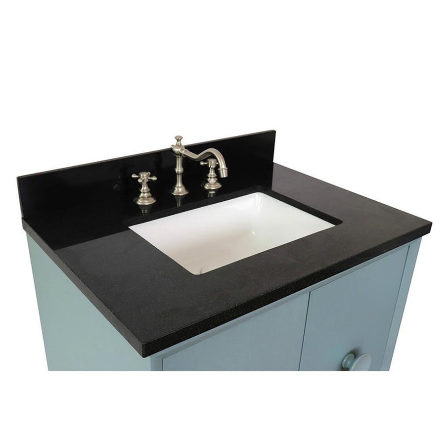 Bellaterra Stora 31" Single Wall Mount Vanity, Aqua Blue, Black Galaxy Granite Top/Rectangle Sink