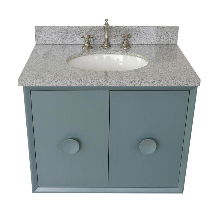 Bellaterra Stora 31" Single Wall Mount Vanity, Aqua Blue, Gray Granite Top/Oval Sink