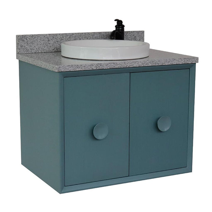 Bellaterra Stora 31" Single Wall Mount Vanity, Aqua Blue, Gray Granite Top/Round Sink