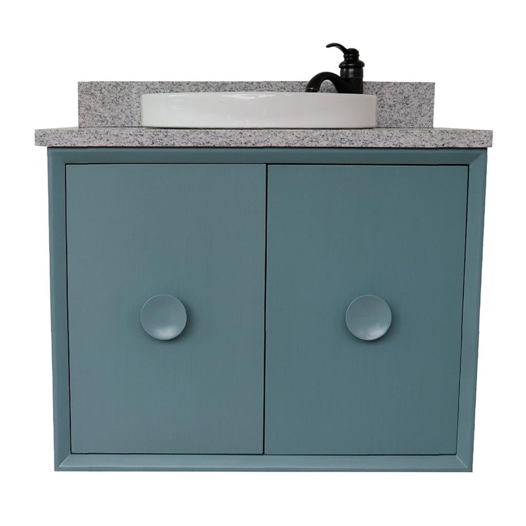 Bellaterra Stora 31" Single Wall Mount Vanity, Aqua Blue, Gray Granite Top/Round Sink