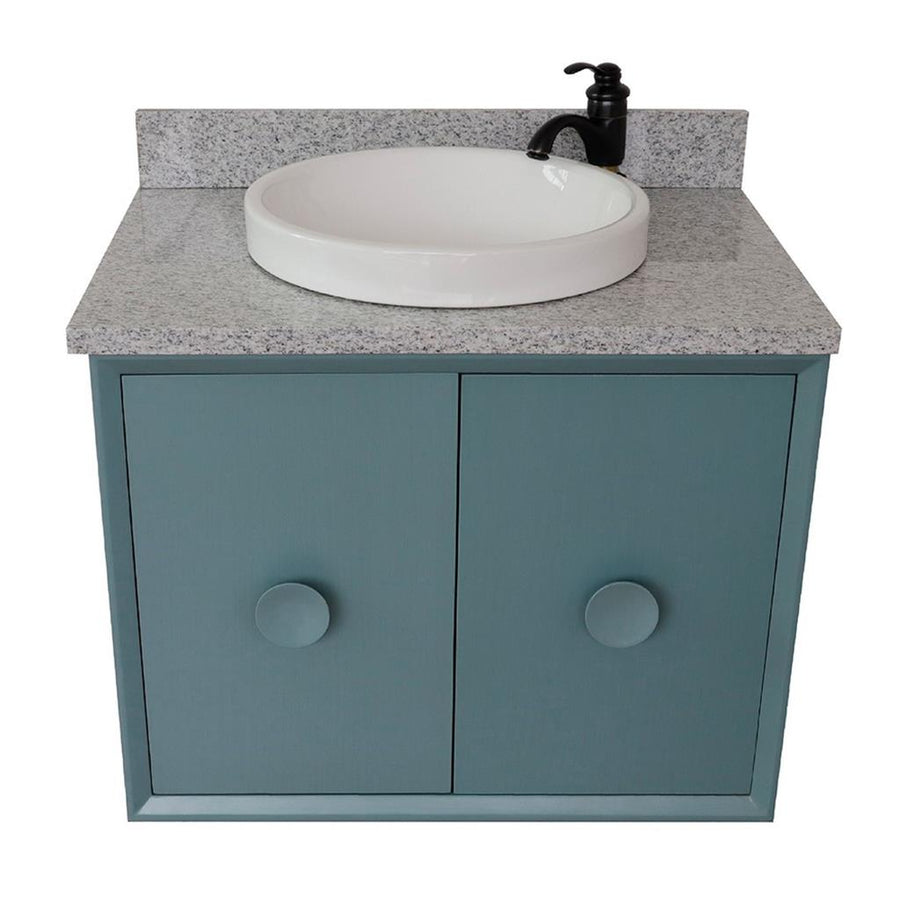 Bellaterra Stora 31" Single Wall Mount Vanity, Aqua Blue, Gray Granite Top/Round Sink