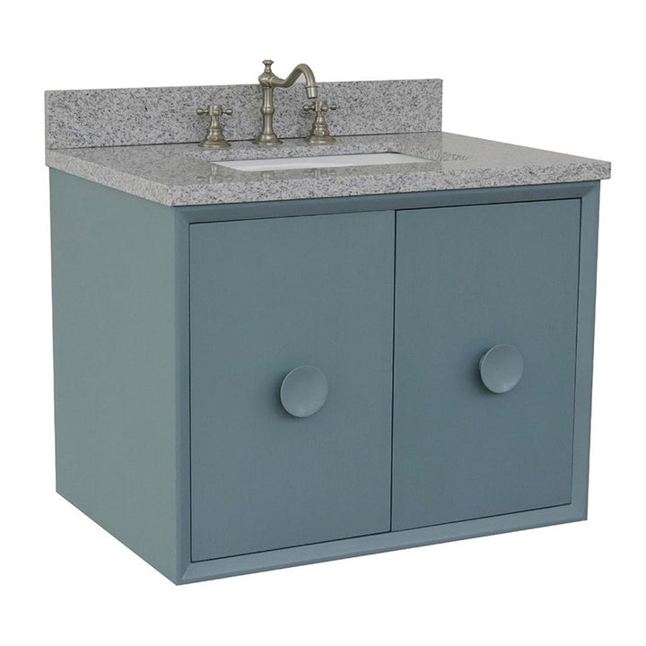 Bellaterra Stora 31" Single Wall Mount Vanity, Aqua Blue, Gray Granite Top/Rectangle Sink