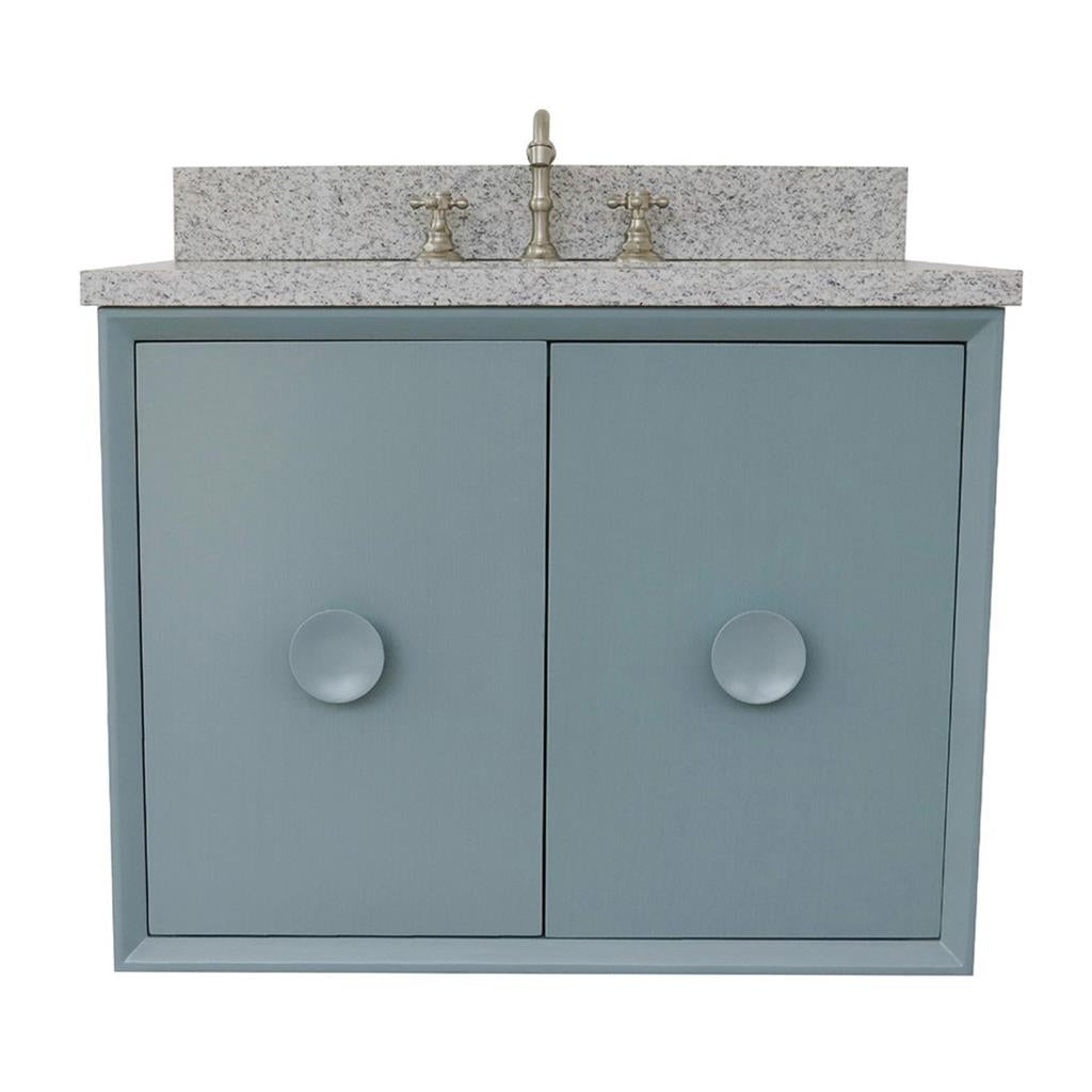 Bellaterra Stora 31" Single Wall Mount Vanity, Aqua Blue, Gray Granite Top/Rectangle Sink