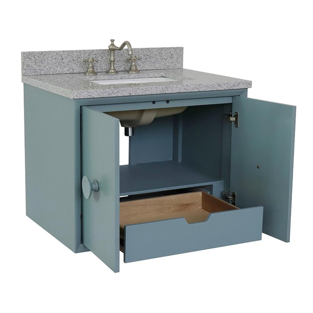 Bellaterra Stora 31" Single Wall Mount Vanity, Aqua Blue, Gray Granite Top/Rectangle Sink