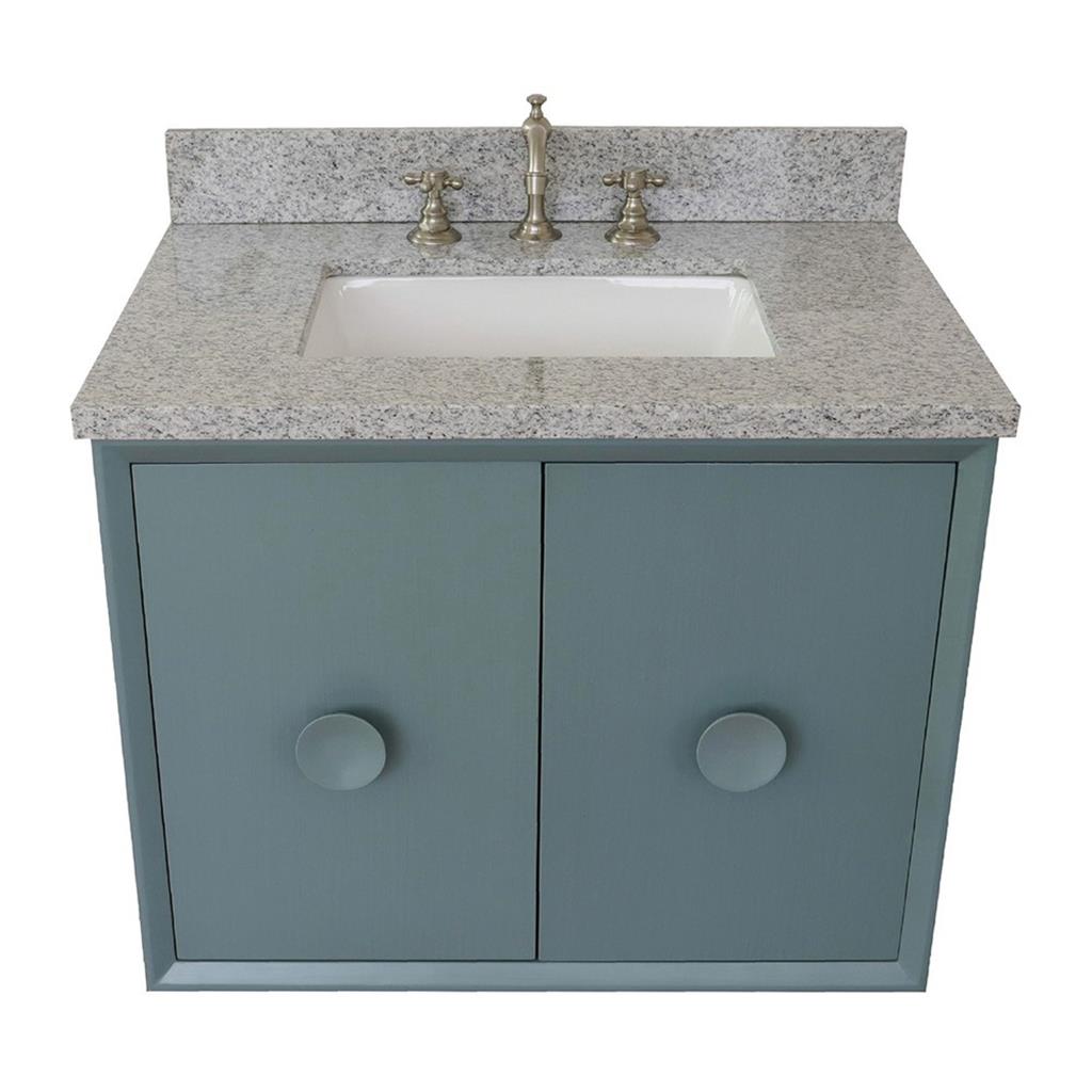 Bellaterra Stora 31" Single Wall Mount Vanity, Aqua Blue, Gray Granite Top/Rectangle Sink