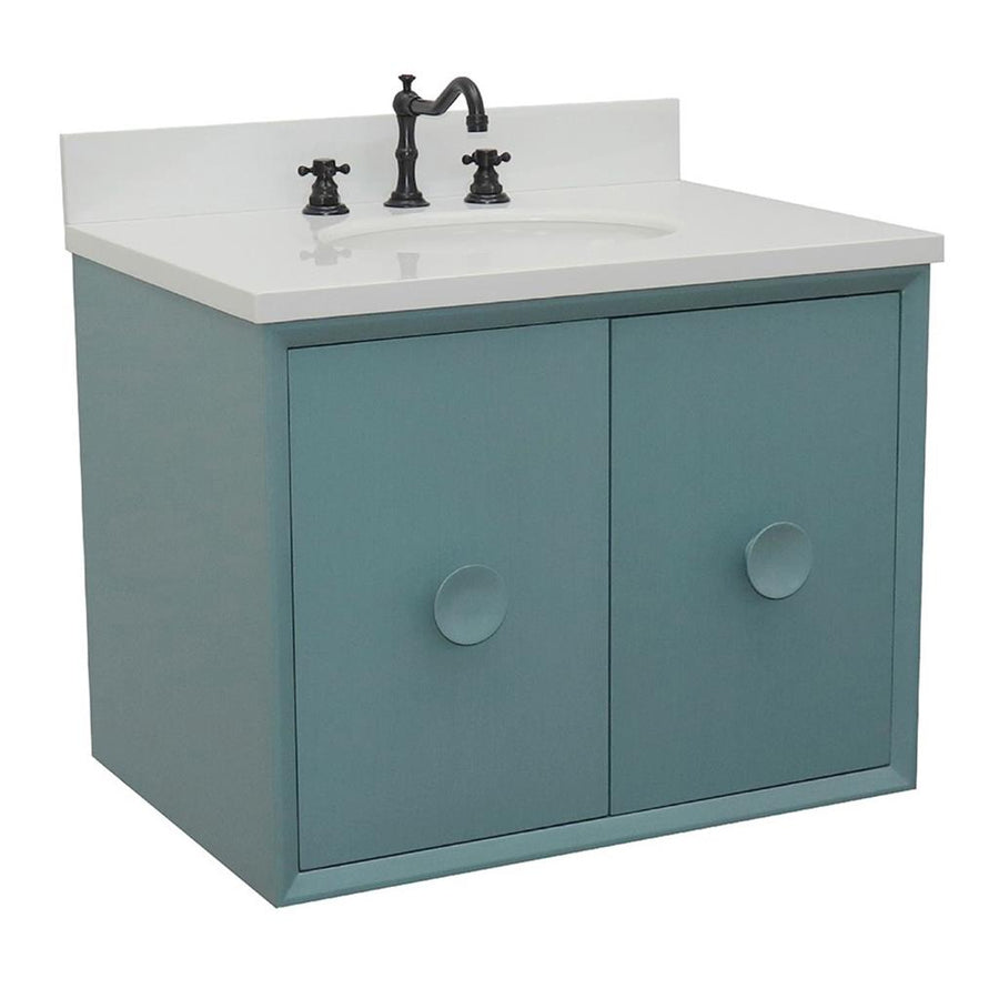 Bellaterra Stora 31" Single Wall Mount Vanity, Aqua Blue, White Quartz Top/Oval Sink