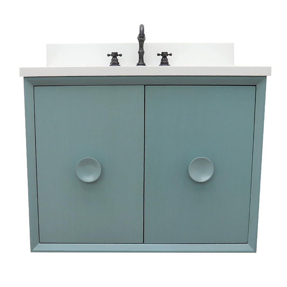 Bellaterra Stora 31" Single Wall Mount Vanity, Aqua Blue, White Quartz Top/Oval Sink