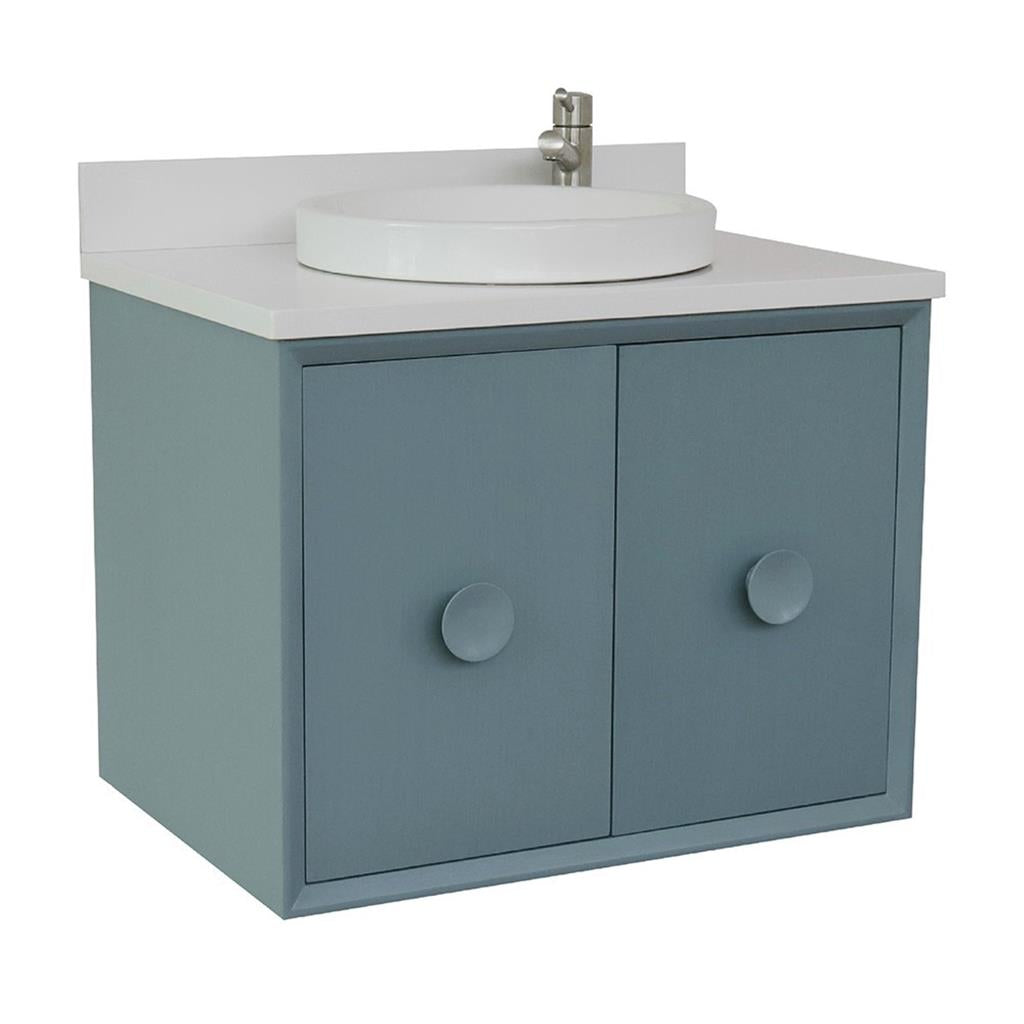 Bellaterra Stora 31" Single Wall Mount Vanity, Aqua Blue, White Quartz Top/Round Sink