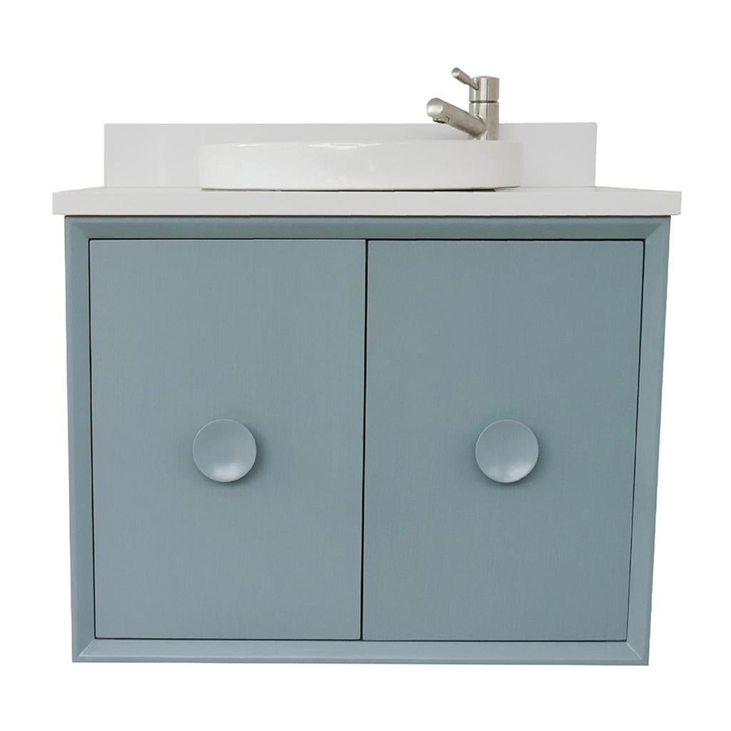 Bellaterra Stora 31" Single Wall Mount Vanity, Aqua Blue, White Quartz Top/Round Sink