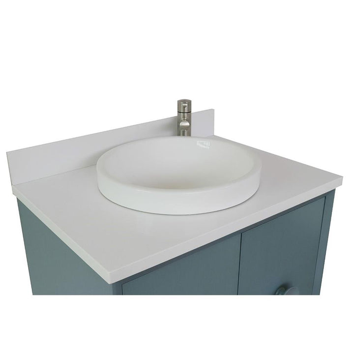 Bellaterra Stora 31" Single Wall Mount Vanity, Aqua Blue, White Quartz Top/Round Sink