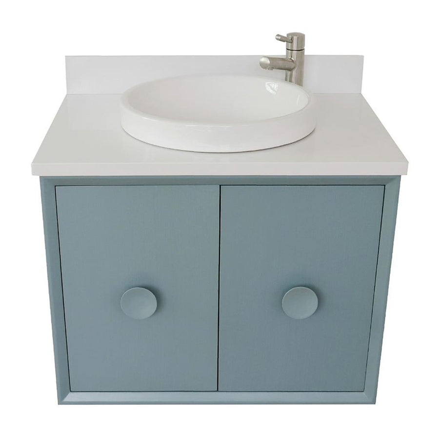 Bellaterra Stora 31" Single Wall Mount Vanity, Aqua Blue, White Quartz Top/Round Sink