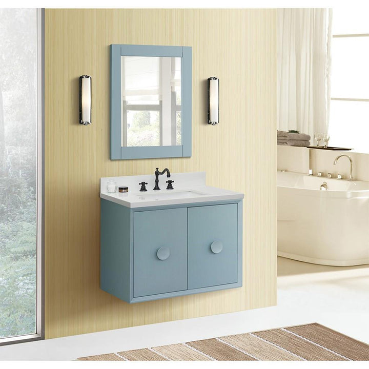 Bellaterra Stora 31" Single Wall Mount Vanity, Aqua Blue, White Quartz Top/Rectangle Sink