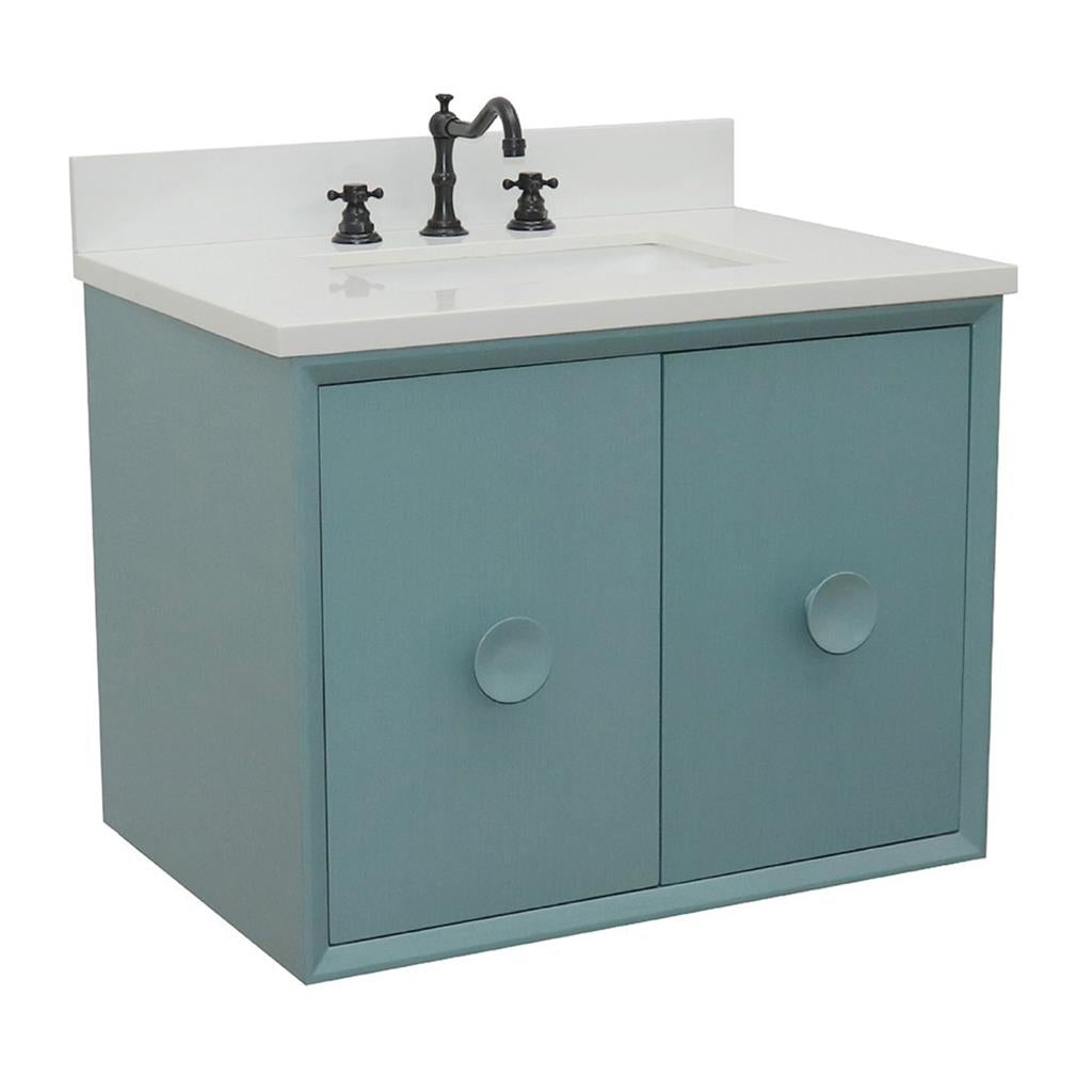 Bellaterra Stora 31" Single Wall Mount Vanity, Aqua Blue, White Quartz Top/Rectangle Sink