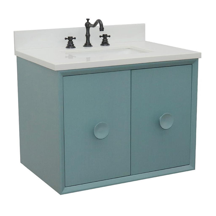 Bellaterra Stora 31" Single Wall Mount Vanity, Aqua Blue, White Quartz Top/Rectangle Sink