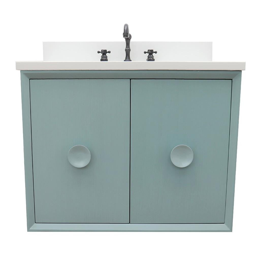 Bellaterra Stora 31" Single Wall Mount Vanity, Aqua Blue, White Quartz Top/Rectangle Sink