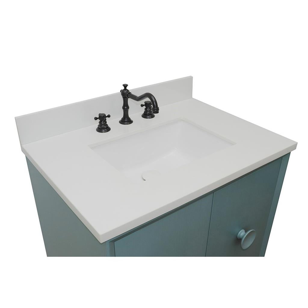 Bellaterra Stora 31" Single Wall Mount Vanity, Aqua Blue, White Quartz Top/Rectangle Sink