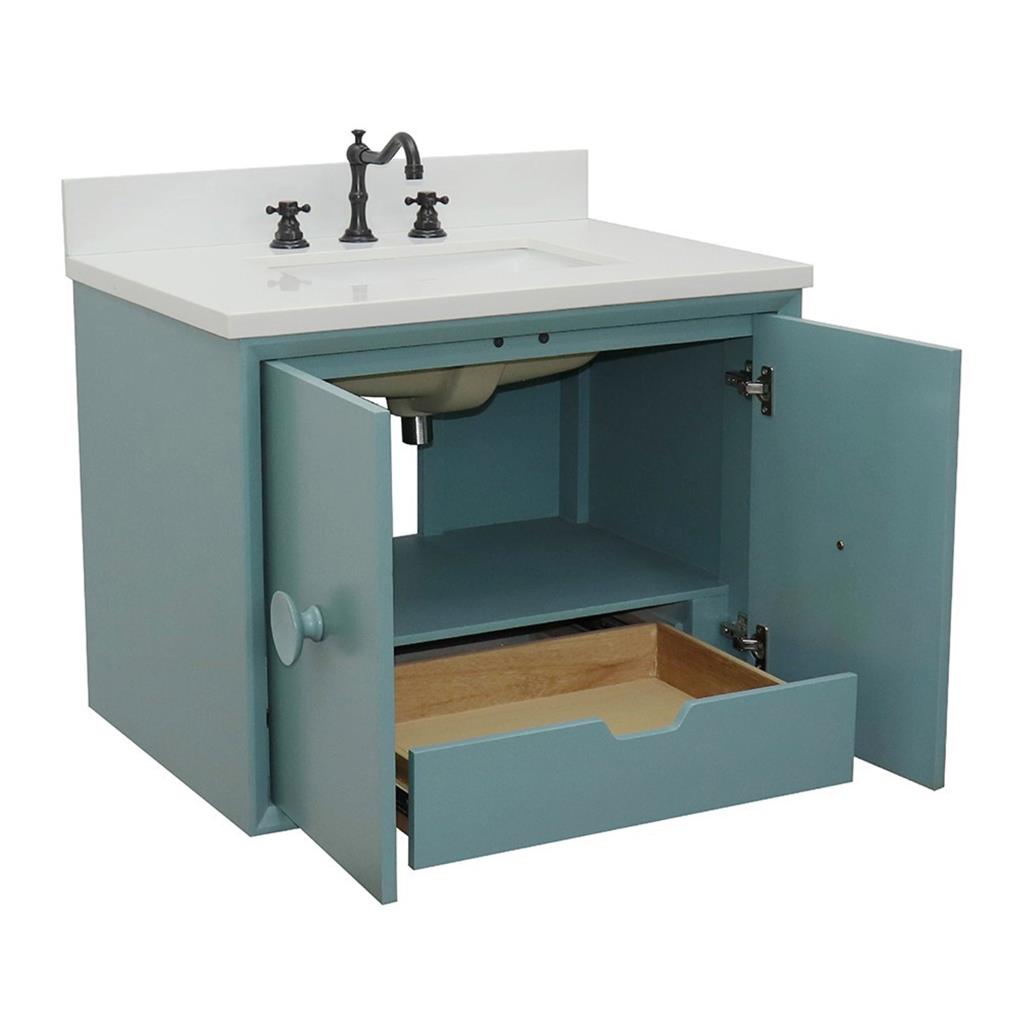 Bellaterra Stora 31" Single Wall Mount Vanity, Aqua Blue, White Quartz Top/Rectangle Sink