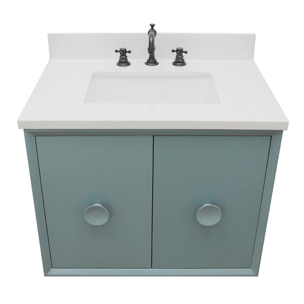 Bellaterra Stora 31" Single Wall Mount Vanity, Aqua Blue, White Quartz Top/Rectangle Sink