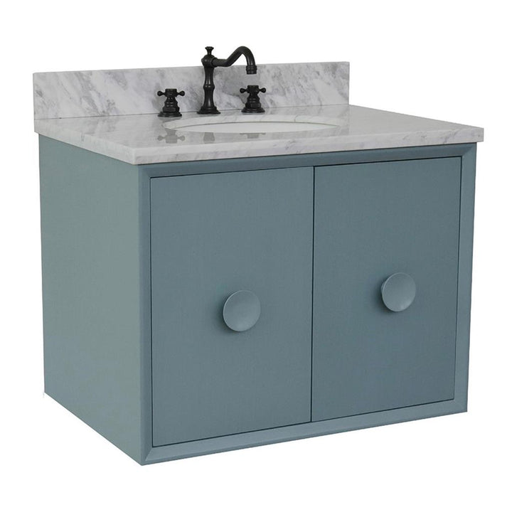 Bellaterra Stora 31" Single Wall Mount Vanity, Aqua Blue, White Carrara Top/Oval Sink