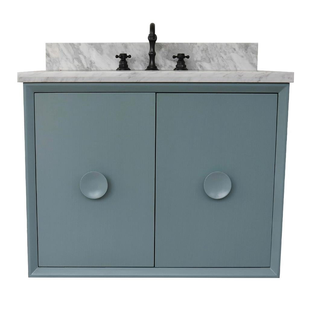 Bellaterra Stora 31" Single Wall Mount Vanity, Aqua Blue, White Carrara Top/Oval Sink