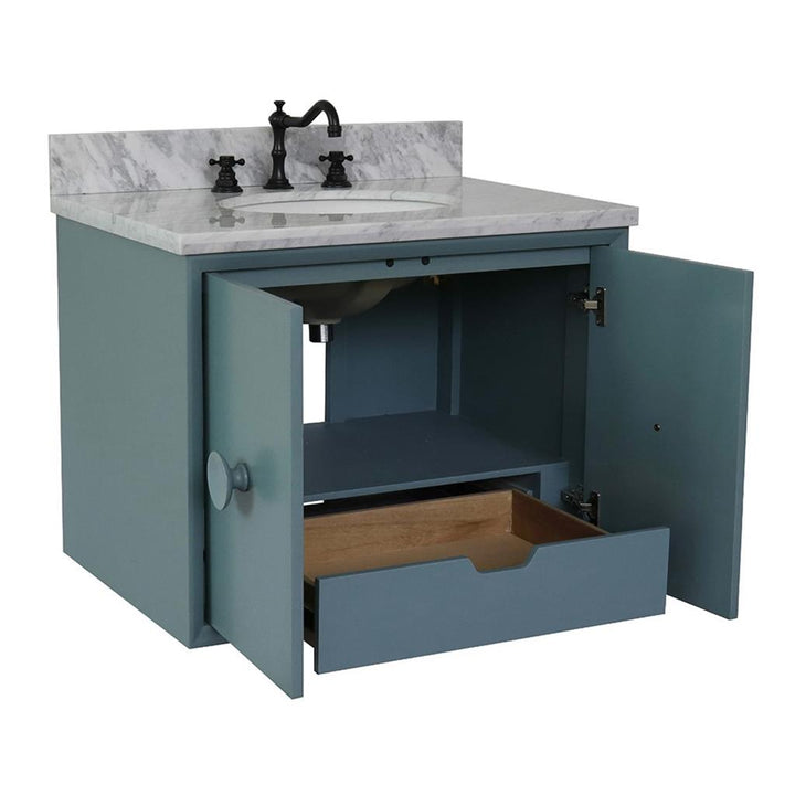 Bellaterra Stora 31" Single Wall Mount Vanity, Aqua Blue, White Carrara Top/Oval Sink