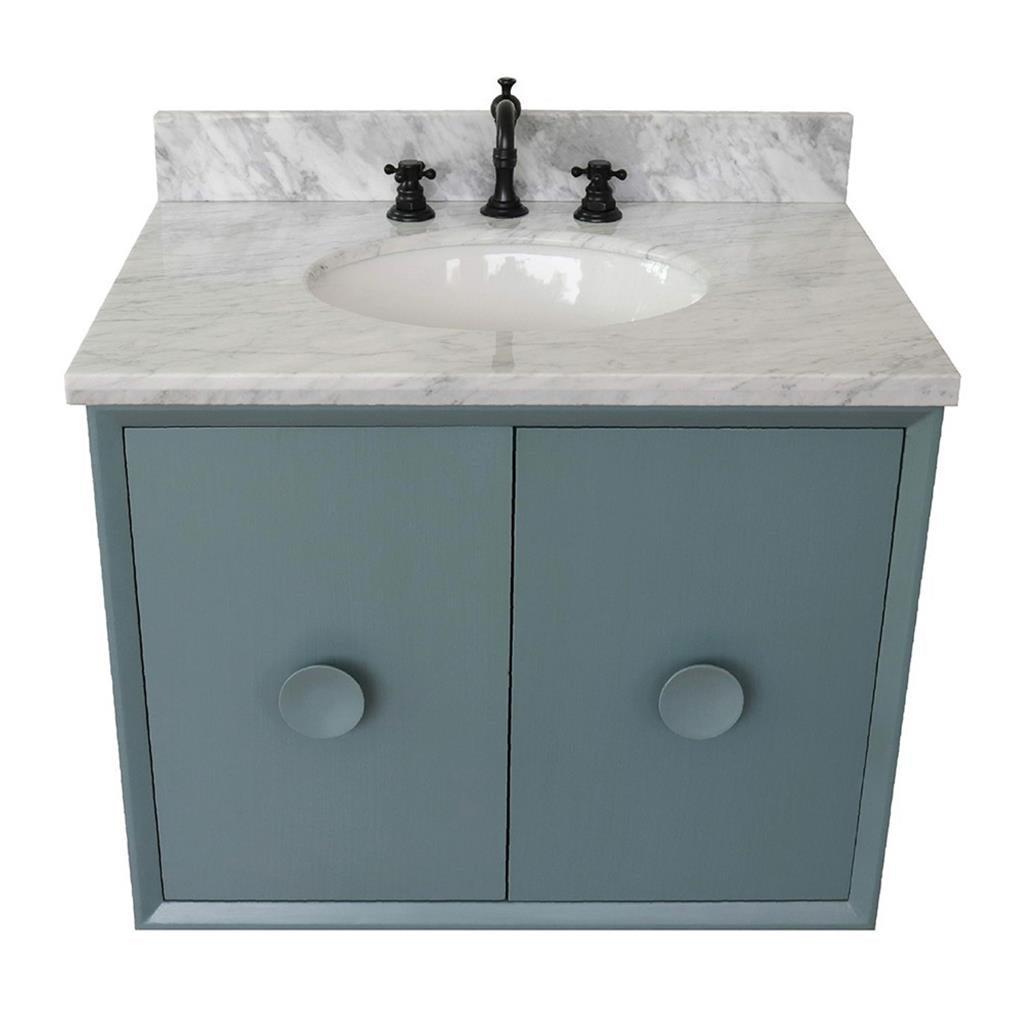 Bellaterra Stora 31" Single Wall Mount Vanity, Aqua Blue, White Carrara Top/Oval Sink