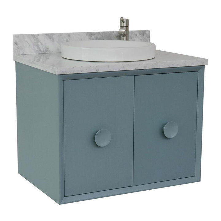 Bellaterra Stora 31" Single Wall Mount Vanity, Aqua Blue, White Carrara Top/Round Sink