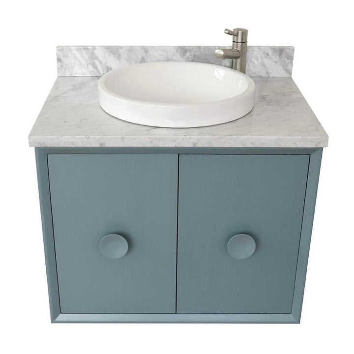 Bellaterra Stora 31" Single Wall Mount Vanity, Aqua Blue, White Carrara Top/Round Sink