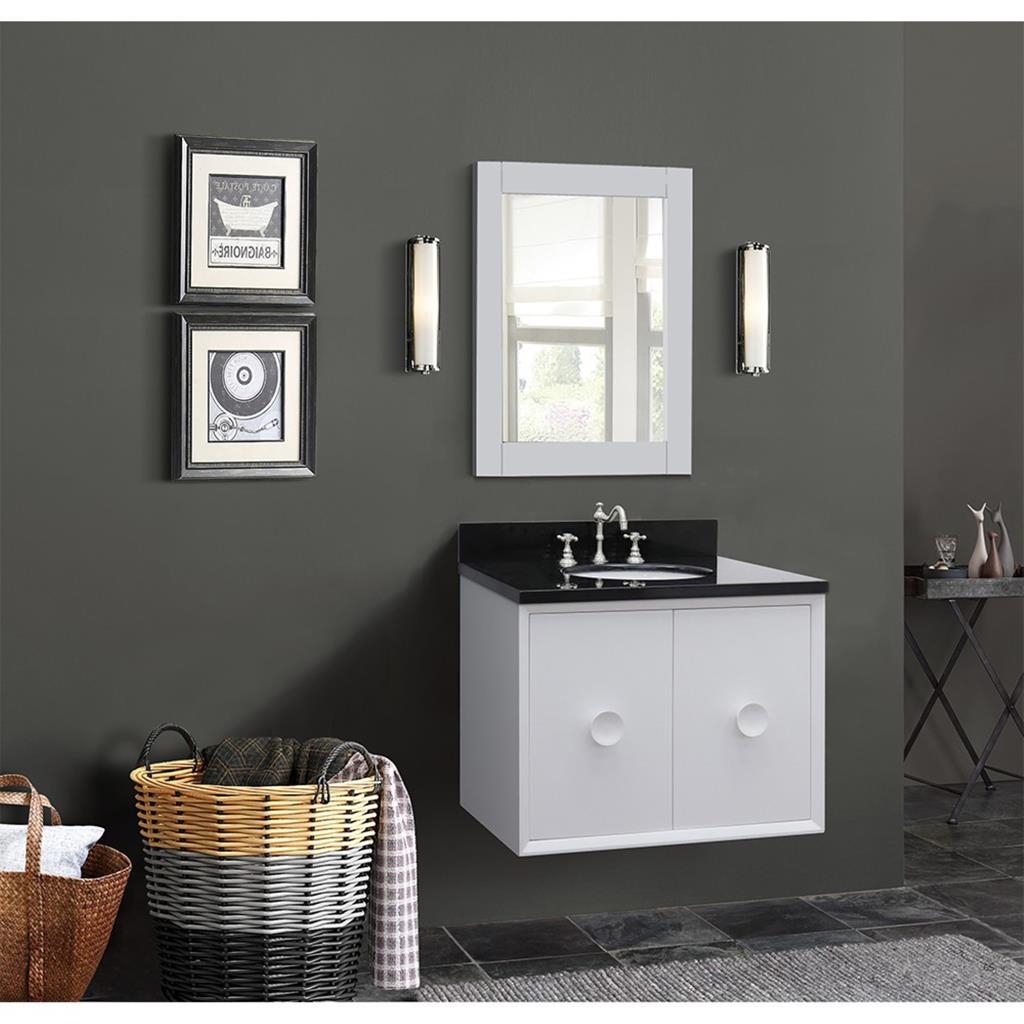 Bellaterra Stora 31" Single Wall Mount Vanity, White, Black Galaxy Granite Top/Oval Sink