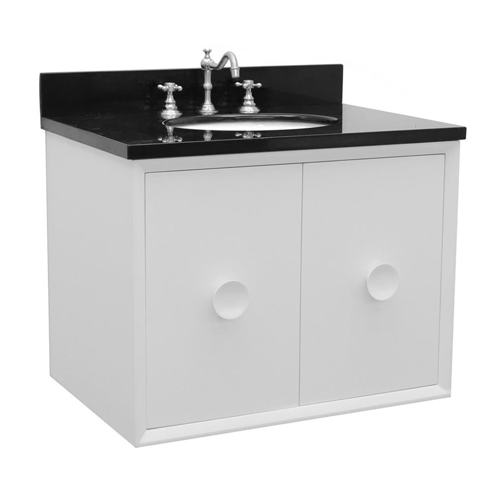 Bellaterra Stora 31" Single Wall Mount Vanity, White, Black Galaxy Granite Top/Oval Sink