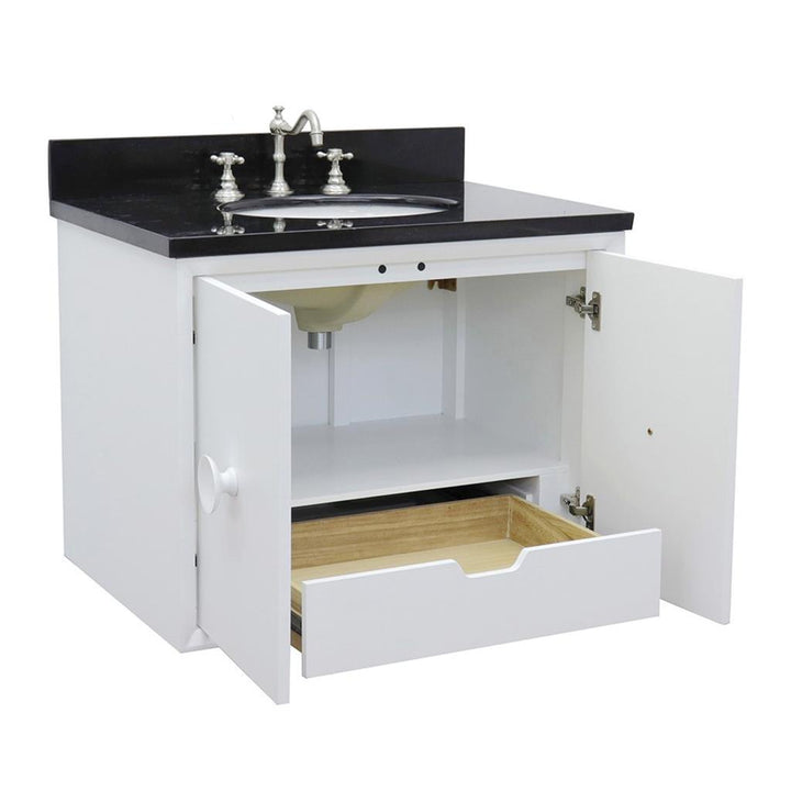 Bellaterra Stora 31" Single Wall Mount Vanity, White, Black Galaxy Granite Top/Oval Sink