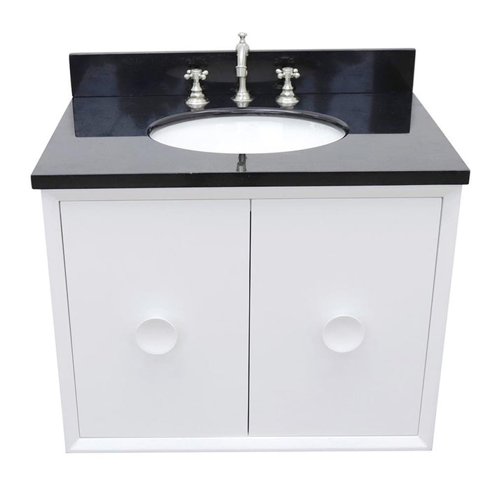 Bellaterra Stora 31" Single Wall Mount Vanity, White, Black Galaxy Granite Top/Oval Sink